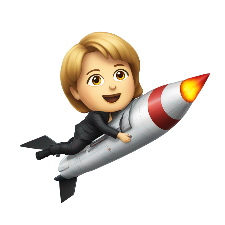 絵文字：アンゲラ・メルケルが大きな傾いた発射ロケットに座っていて、火が出ています。