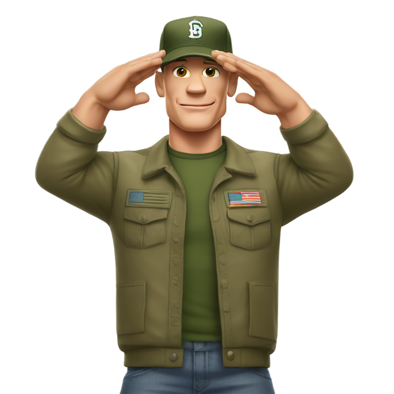 絵文字：ジョン・シナが、服装にマッチしたキャップをかぶり、軍隊式敬礼をしている。