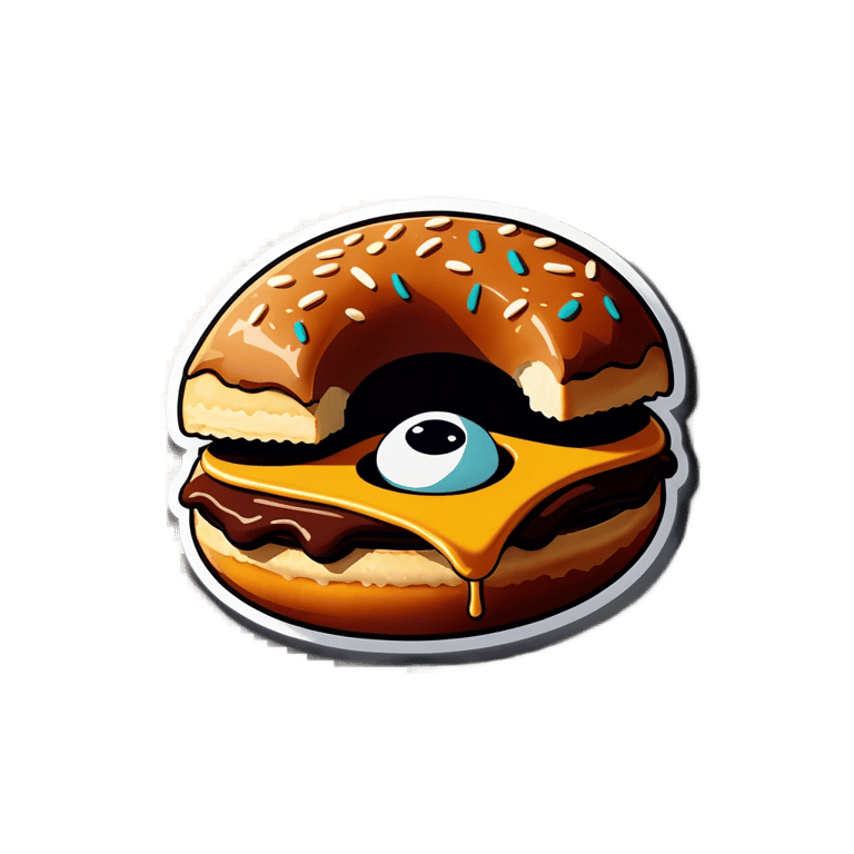 絵文字：目があるが口がないドーナツがカニバーガーを可愛く食べている