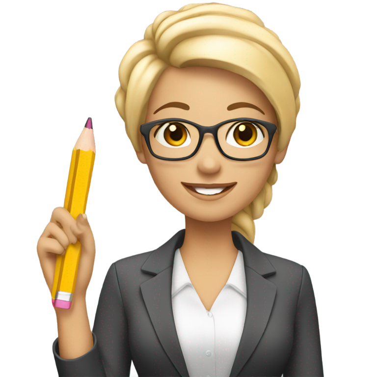 genmoji：一位拿着夹板、耳边夹着铅笔的白人女商人，充满快乐气息