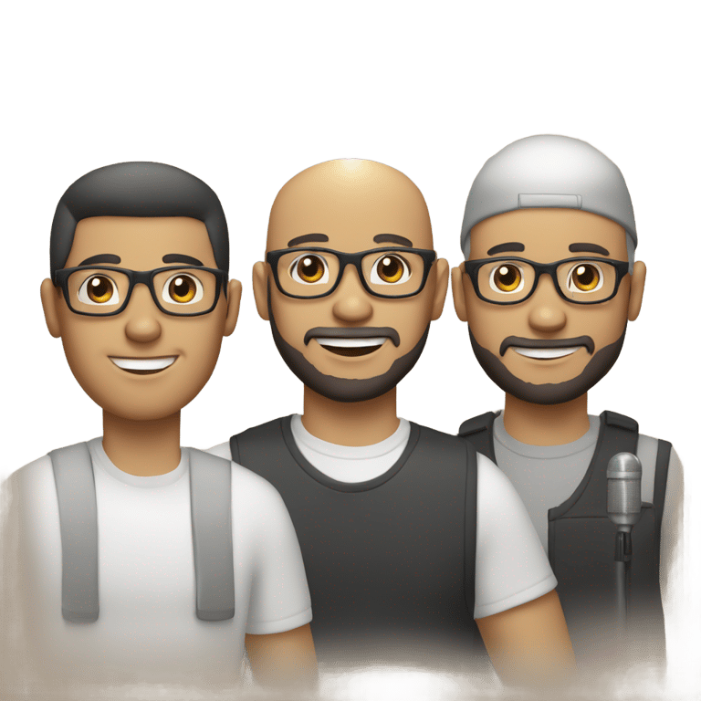 genmoji：三个人，皮肤白皙，围着蛋糕庆祝生日。其中一个光头，戴着眼镜，耳机和麦克风。另一个有胡子，黑发，戴眼镜。第三个光头，戴着帽子。