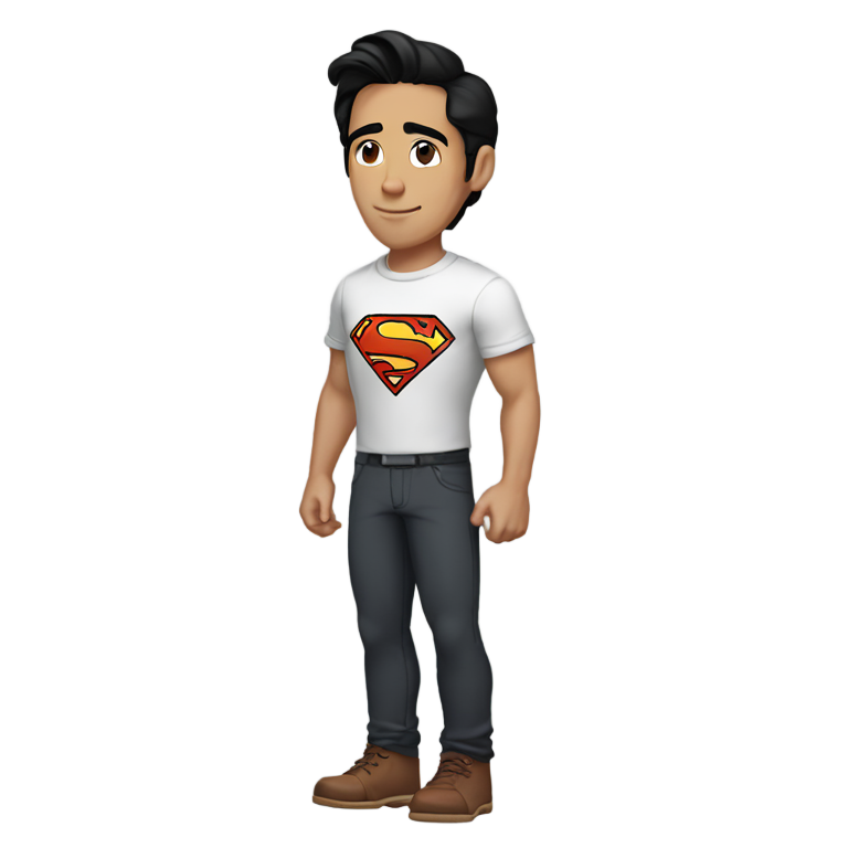 genmoji: zach king wearing a short sleeve superman shirt and black pants brown shoes