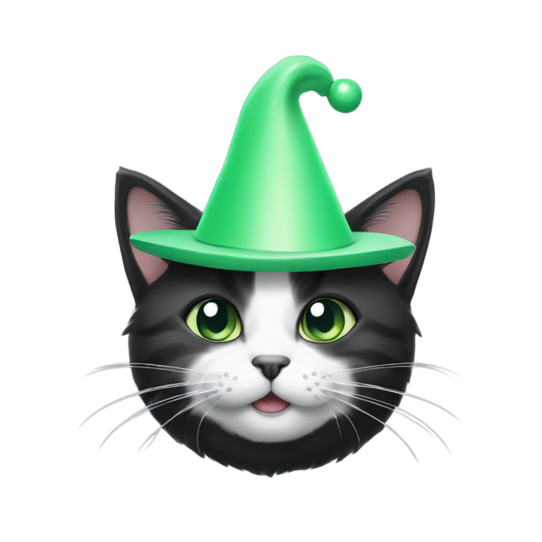 genmoji: Black and white cat with a light green party hat on that has a puff ball on top