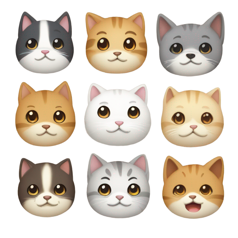 絵文字：ジブリ風のシンプルなWhatsApp絵文字セット。ペットの写真をもとに、嬉しい、悲しい、興奮、泣く、大笑い、微笑み、メモ、考え中、質問、パニックなどの表情を含む。
