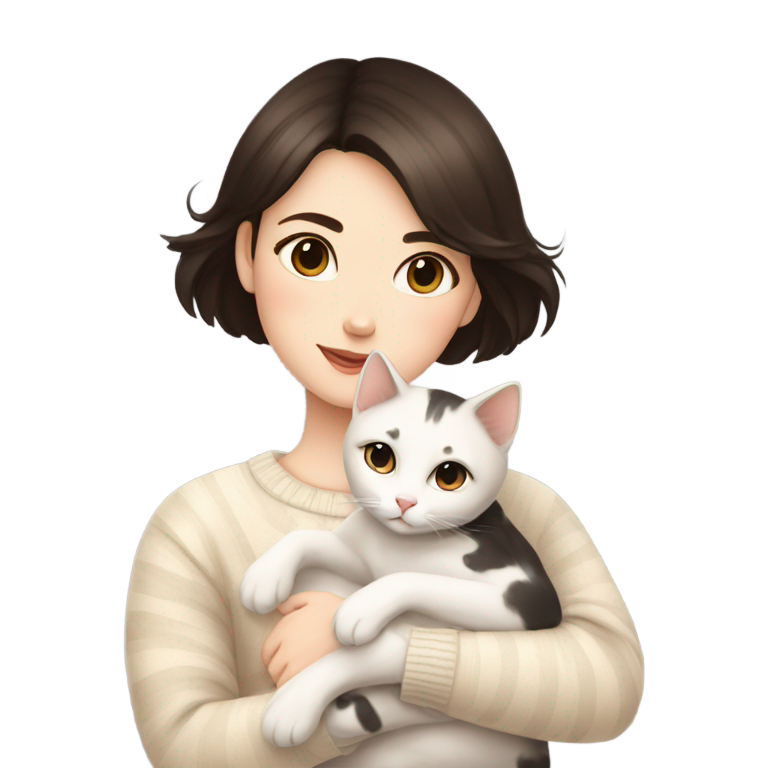 genmoji : girl with dark brown short hair in beige sweater lovely hugs her white cat with grey spots on it