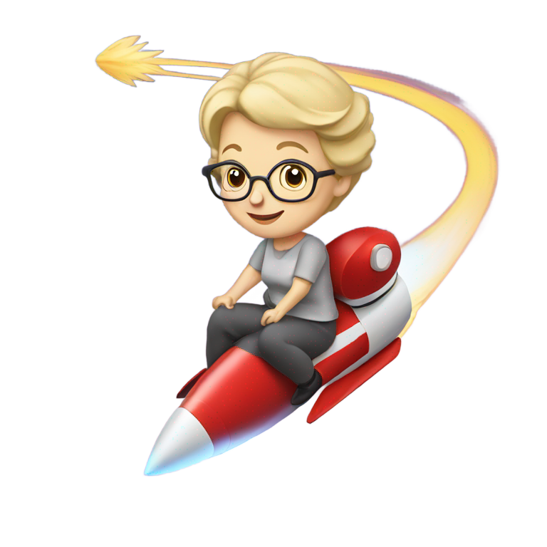 genmoji : Une grand-mère blonde aux cheveux courts est assise sur une grande fusée de lancement inclinée.