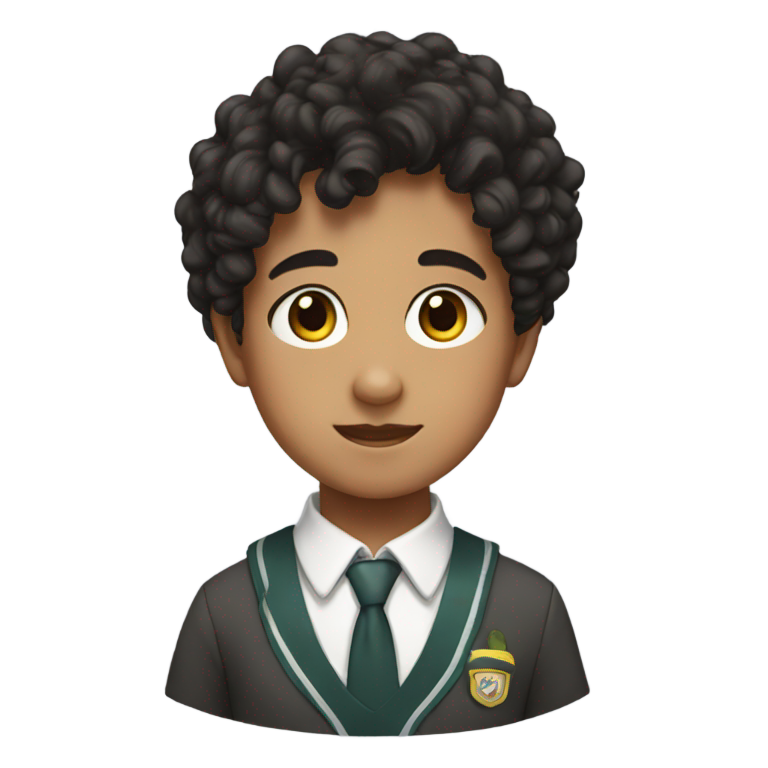 genmoji : Petit garçon aux boucles noires et grands yeux marron, en uniforme scolaire.