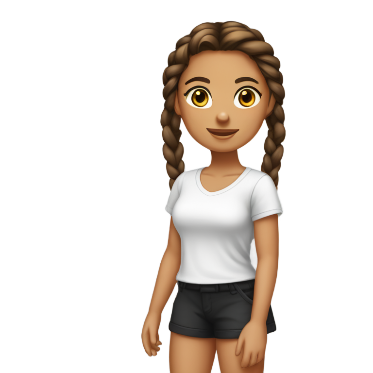 genmoji : Emoji d'une fille bronzée en pied, portant un t-shirt blanc, des culottes noires, des chaussons rose vif et un bracelet de cheville. Elle a une grande taille, des cheveux bruns, des yeux bruns et une tresse.