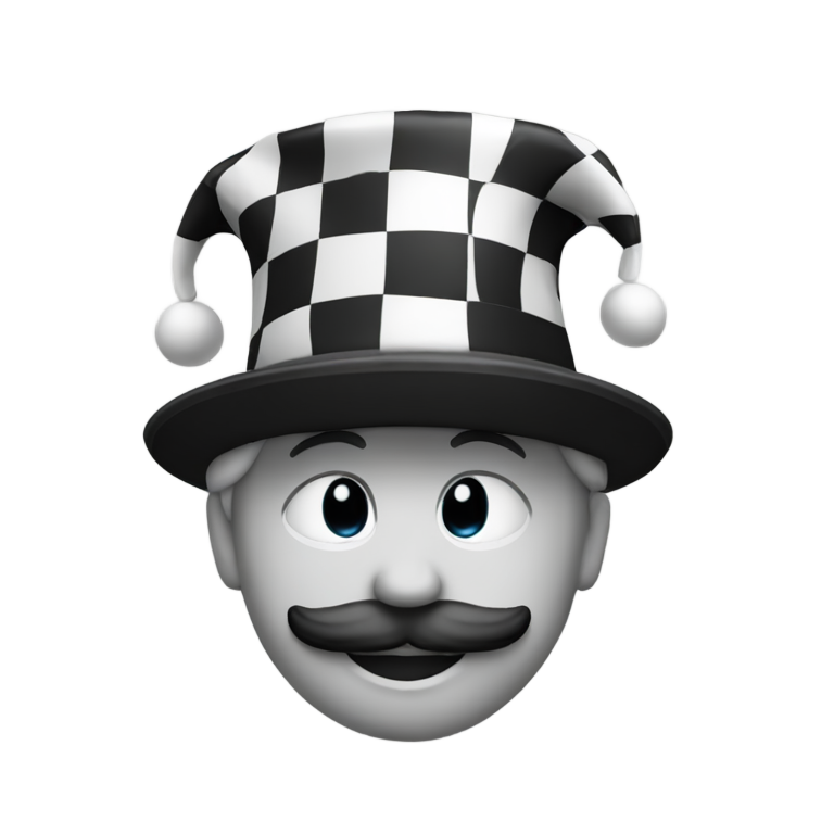 genmoji : 💁‍♂️ avec un chapeau de bouffon noir et blanc et une chemise noir et blanc