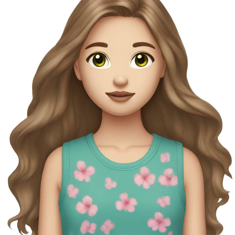 genmoji : Fille aux cheveux bruns longs et en couches, yeux verts, peau claire avec quelques grains de beauté, portant un débardeur bleu Brandy Melville avec une fleur rose.