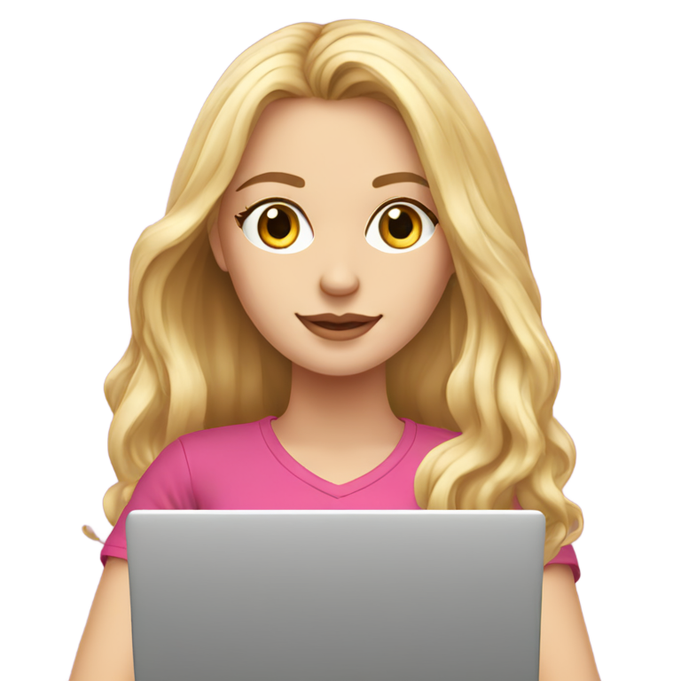 絵文字：beautiful white girl with long amazing blonde hair rich pink t-shirt with the grey laptop working