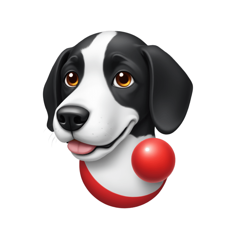 genmoji: Black and white dog with red ball