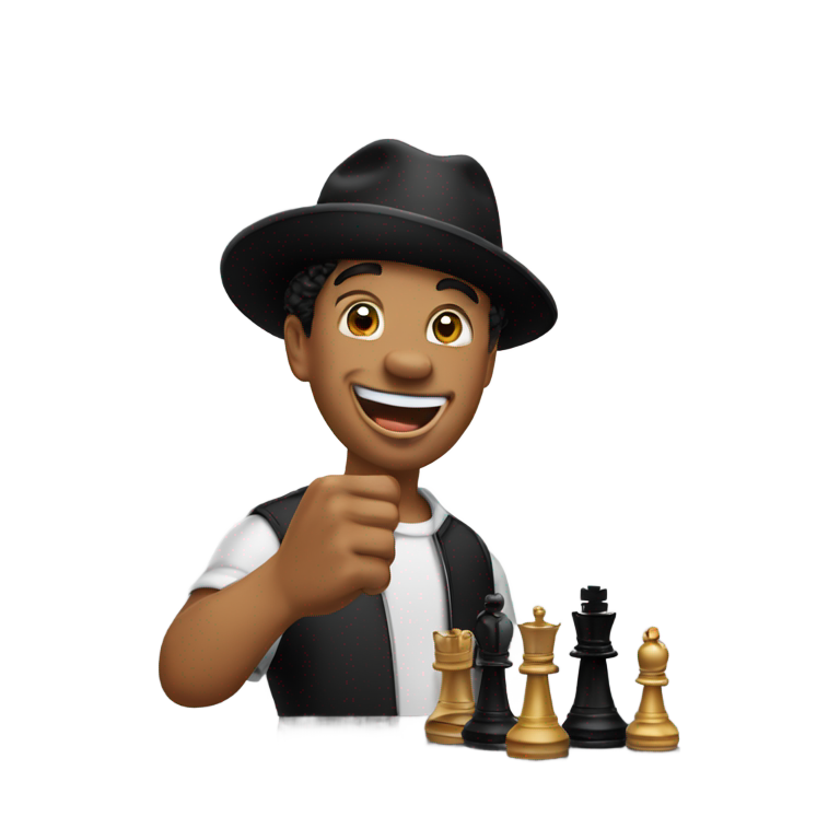 genmoji: A mixed guy with a black hat on yelling in triumph with a smile as he has a chess piece in his hand and his other hand in a fist pump, the chess piece is the king