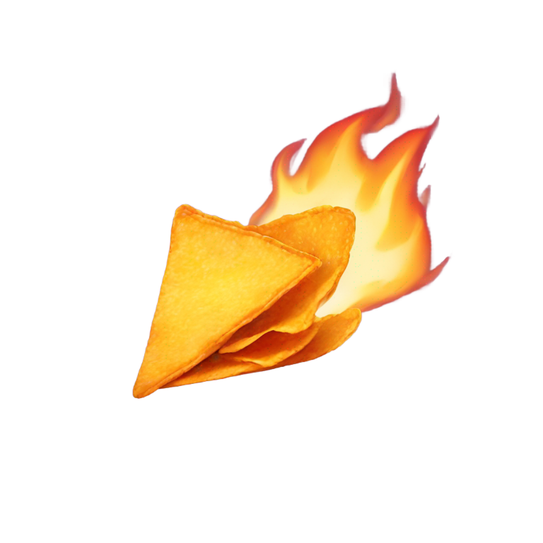 genmoji : Une seule chips de nacho avec un feu en arrière-plan