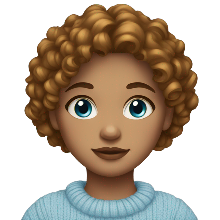 genmoji : Fille métisse ronde, cheveux bruns bouclés, yeux bleus, bijoux en or, pull bleu clair.