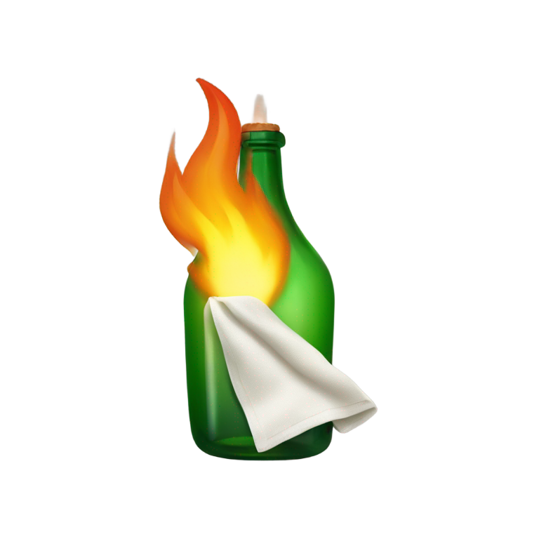 genmoji : Bouteille verte avec un tissu blanc en feu qui dépasse