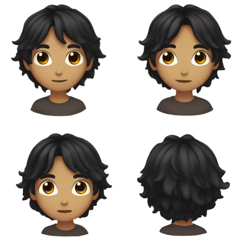 絵文字：黒髪で日焼けした肌の、茶色の瞳と長いエモヘアの少年