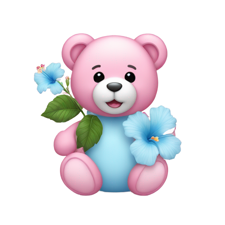 genmoji : Ours en peluche rose pastel et bleu ciel tenant une fleur d'hibiscus pour la Saint-Valentin