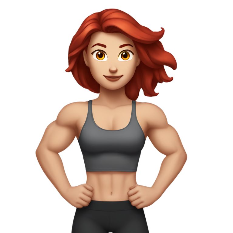 genmoji：超级健壮的白人女孩，黑色直发，展示肌肉