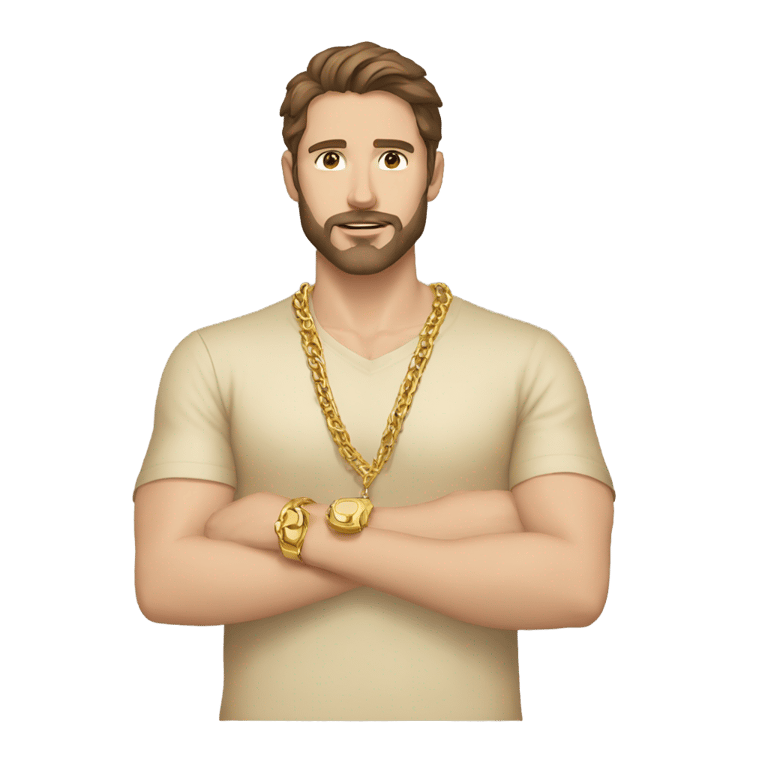 genmoji：Caucasian man, brown hair, brown eyes, gold shirt, gold chains, gold wrist bands, minimal beard