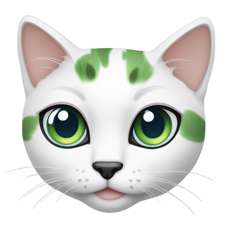 genmoji : white calico cat with grey head, green right eye and blue left eye in funny pose