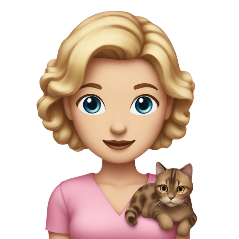 絵文字：汚れたブロンドの髪と青い目の女性が、ピンクのドレスを着て、亀甲猫を抱いている。