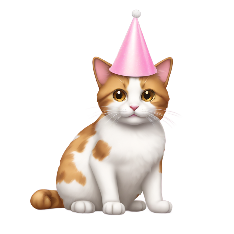 genmoji: Calico cat with a light pink party hat on that has a puff ball on top