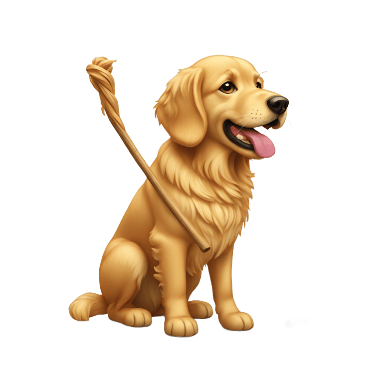 genmoji : Un golden retriever de taille moyenne à poil court tenant un bâton dans la bouche.