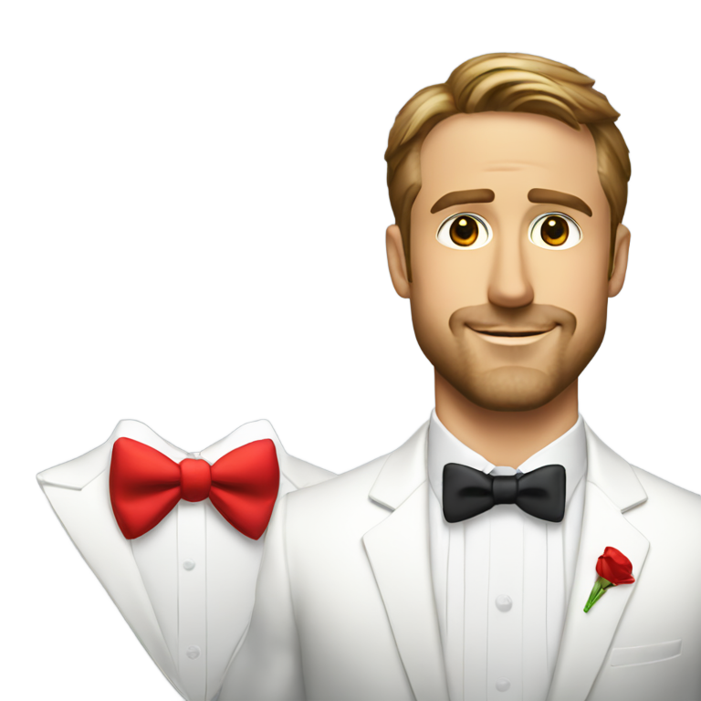 genmoji : Ryan Gosling en smoking blanc avec un nœud papillon rouge