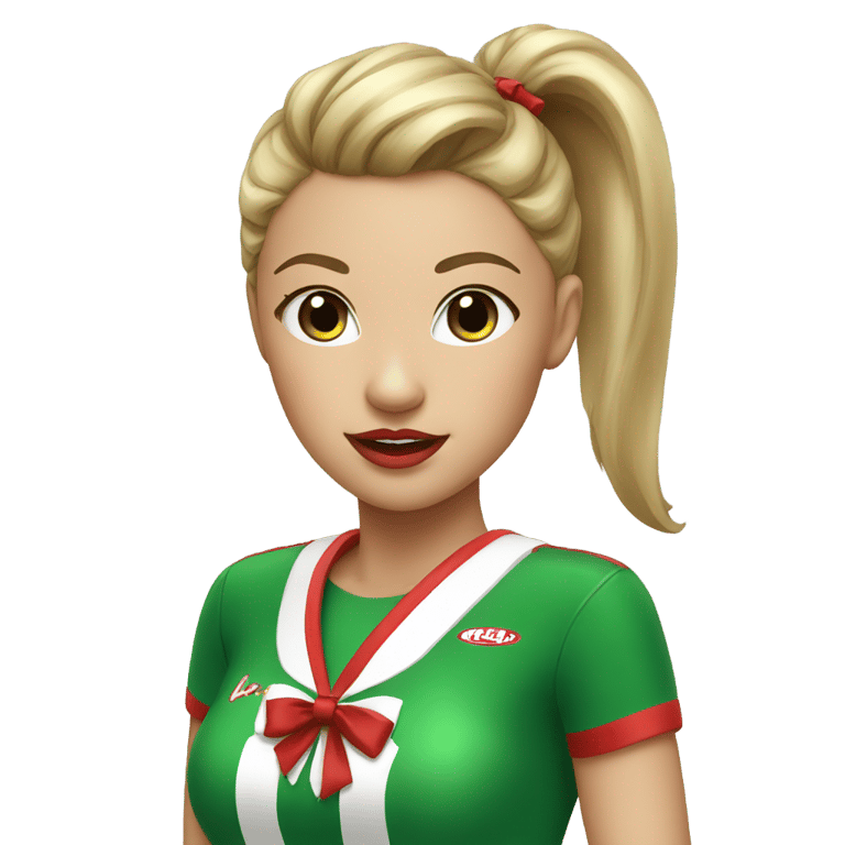 絵文字：A cheerleader with a high ponytail a green bow a green uniform and red lipstick