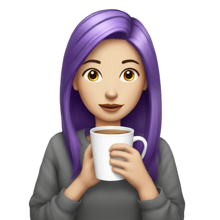genmoji: white skin purple haired girl drink coffee