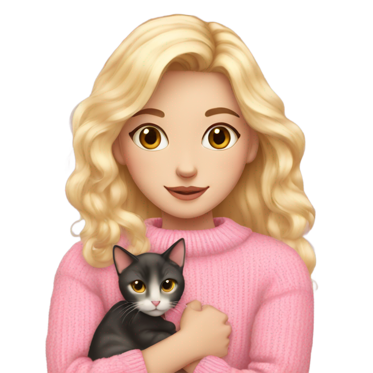 genmoji : beautiful girl with blonde hair in pink rich sweater hugging a calico cat