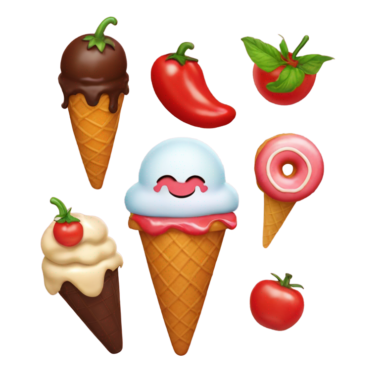 絵文字：アイスクリーム、唐辛子、チョコレート、トマト、ドーナツ
