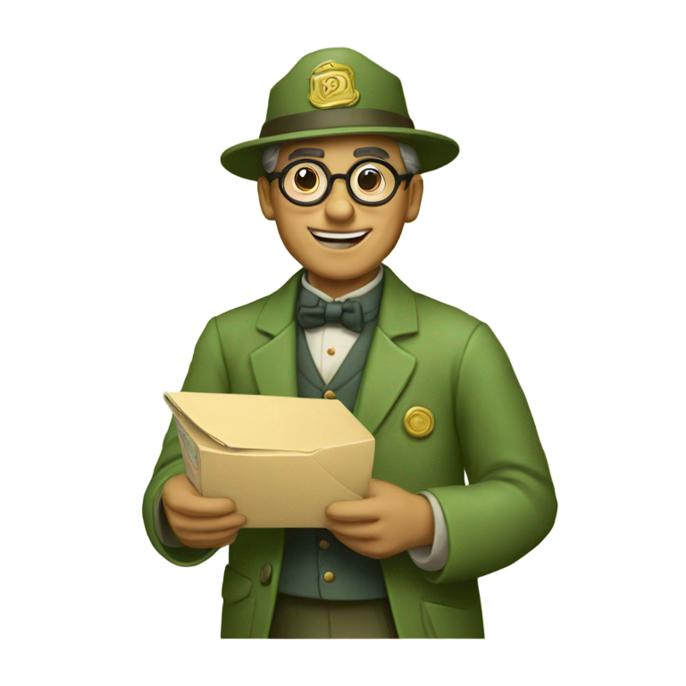 genmoji : Emoji d'un facteur classique des années 1800 en brun couleur matcha, portant des lunettes et beaucoup de courrier à la main.