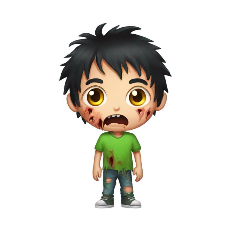 genmoji : Garçon zombie, cheveux noirs mi-longs et hirsutes, expression sombre et inquiétante, t-shirt rouge, peau verte endommagée, effrayant.