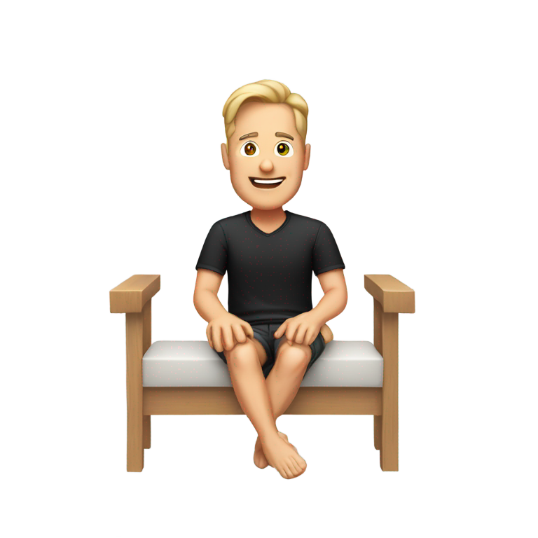 genmoji：50岁的白人男子穿着红色短裤和黑色衬衫，坐着。