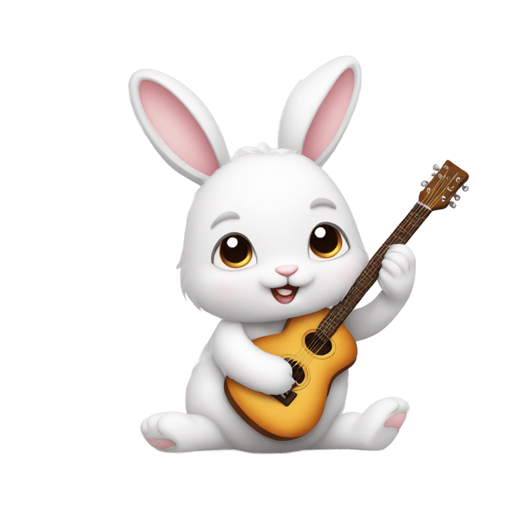 genmoji : Lapin blanc moelleux, grandes oreilles, joues rondes, petit nez, yeux vifs. Jouant de la guitare.