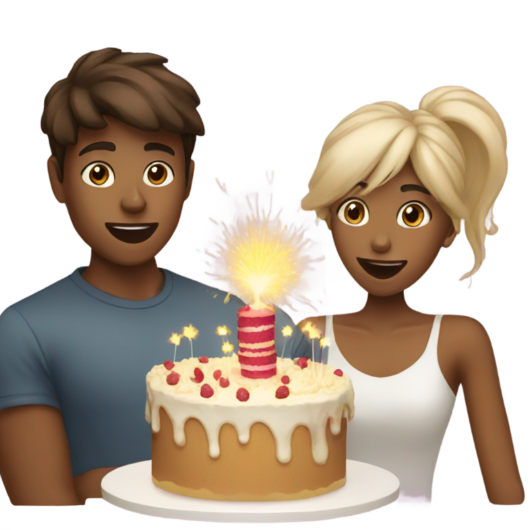 genmoji : Fille brune et garçon blond soufflant les bougies d'un gâteau