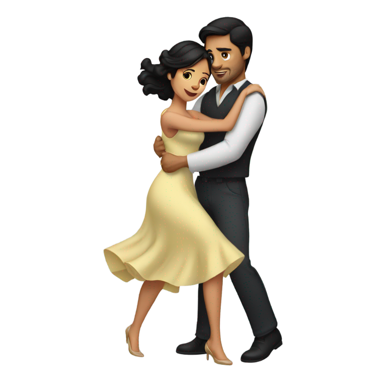 絵文字：黒髪のラテン系男性が、ドレスを着た黒髪のラテン系女性を腕に抱きとめる