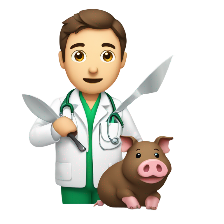 genmoji: homme brun aux yeux verts médecin avec un couteau et un cochon mort à côté