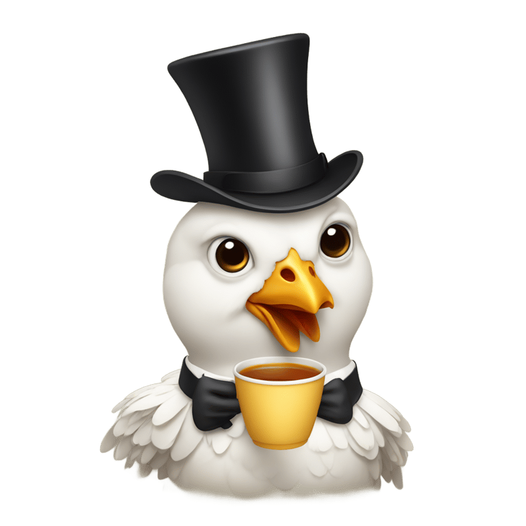 genmoji : Poulet entier portant un haut-de-forme avec monocle et tenant une tasse de thé