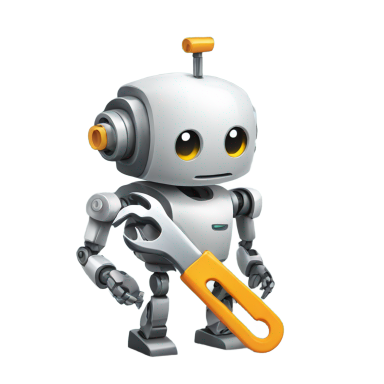 genmoji : Un robot tenant une clé à molette, prêt à travailler.