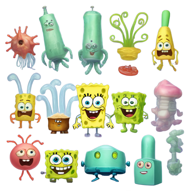 genmoji: A fusion of SpongeBob SquarePants, Patrick Star, Squidward Tentacles, Eugene Krabs, Sandy Cheeks, Plankton, and Karen The Robot