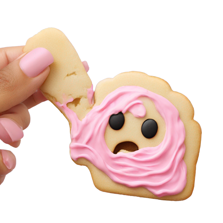 genmoji : Main tenant un biscuit au sucre avec glaçage rose (sans visage) avec une bouchée enlevée