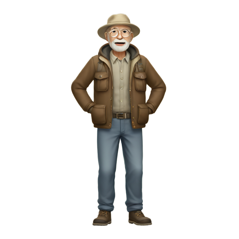 genmoji: a old man 68 full body dressed ina camping fit