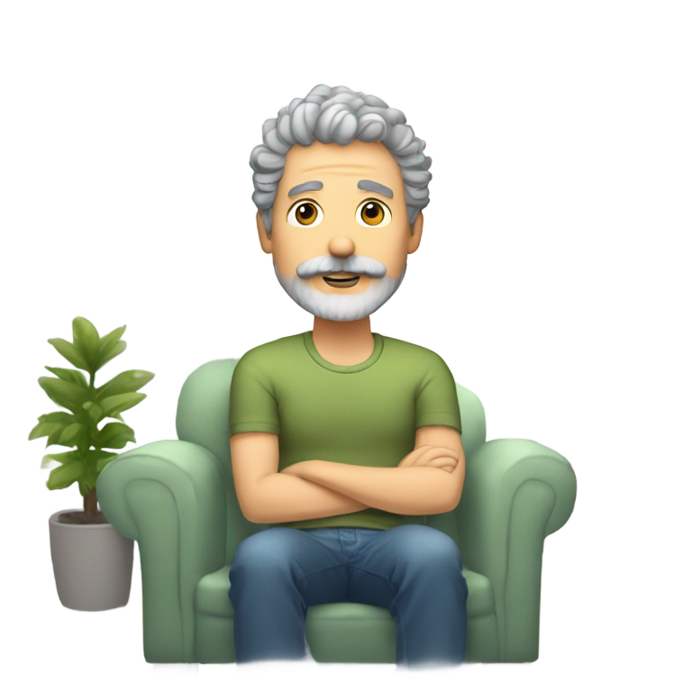 絵文字：白髪の短いカールヘアで、髭と口ひげを生やした男性が、ソファに座ってショートパンツを履いている。
