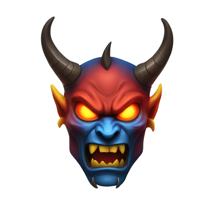 genmoji: a aggressive demon face colored red, blue, and yellow, with sharp teeth, wild horns, and glowing eye