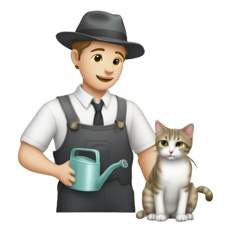 絵文字：キプトン・クラーゲスという名の優雅な青年が猫に水をやる
