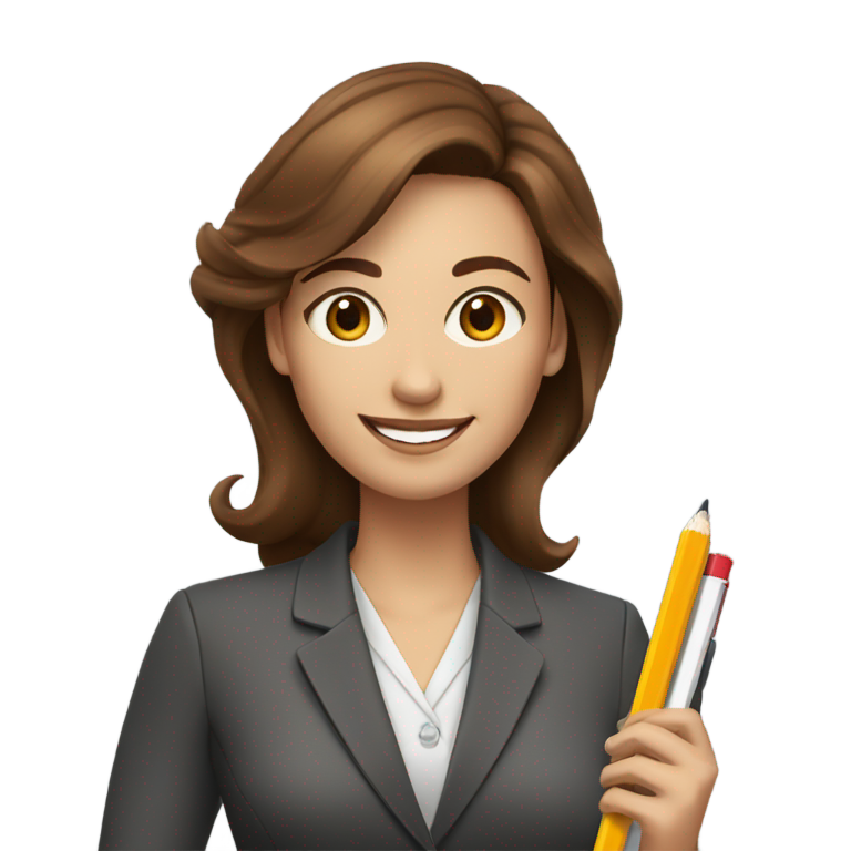 genmoji：一位拿着夹板和耳边夹着铅笔的棕发白人女商人，充满快乐气息