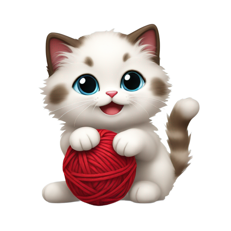 genmoji : Petit chaton Ragdoll avec les pattes en l'air, jouant avec une pelote de laine rouge.